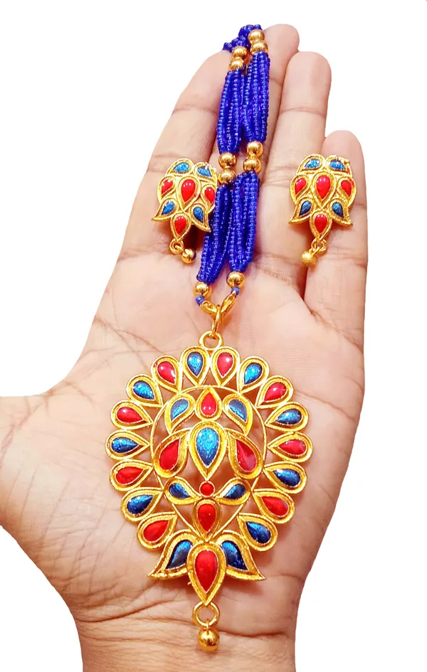 Assamese_Traditional_Gold_Plated_Red_Blue_Minakari_Dugdugi_Tassel_Jewellery_Set_For_Women